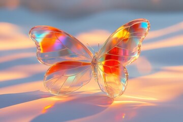 Poster - Ethereal glass butterfly casting vibrant spectral light on soft white fabric in serene pastel background
