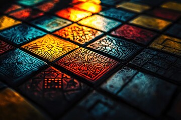 Poster - Abstract view of an artistic mosaic tile surface with decorative floral patterns, creating a textured and colorful backdrop, with vibrant colors and unique textures.