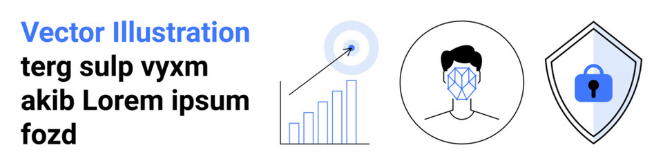 Graph with upward bars, target with arrow, facial recognition facial grid, shield with lock. Ideal for business, security, AI, technology, biometrics strategy flat landing page banner