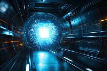 Poster - A futuristic tunnel with a bright glowing portal at the end, symbolizing breakthrough innovation, advanced technology and the potential of future discoveries, in a sci-fi setting.