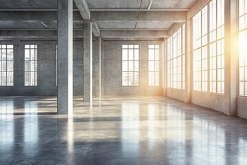 Poster - Sunlit industrial loft interior with polished concrete floor and large windows.