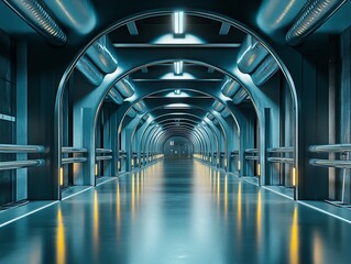 Aufkleber - Futuristic metallic corridor with glowing lights and arched ceilings.
