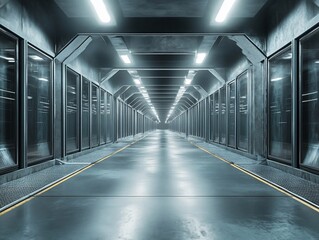 Aufkleber - Futuristic metallic corridor with glowing lights and glass doors.