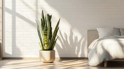 Aufkleber - Sunlit bedroom with a snake plant in a beige pot, light wood floors, and a minimalist bed.