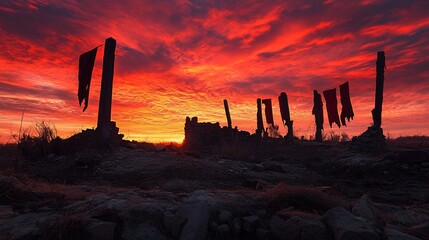 Aufkleber - Fiery sunset illuminates ancient ruins with tattered red flags on weathered poles.