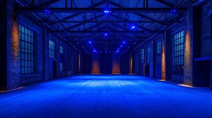 Poster - Dark warehouse interior with blue lighting, brick walls, large windows, and wooden floor.