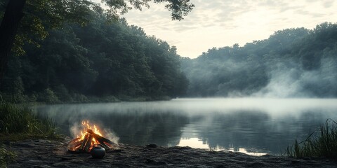 Poster - Campfire by misty lake at sunrise, scenic forest view.