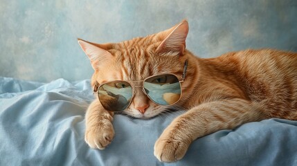 Aufkleber - Cool ginger cat wearing sunglasses, lounging on a blue bed.