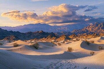 Poster - Sunset over desert sand dunes and mountains.