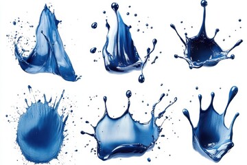 Poster - Captivating cobalt blue paint splashes frozen in mid air against a pristine white background artistic liquid motion