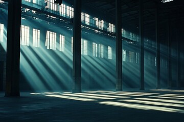 Poster - Sunbeams illuminate an empty, large industrial warehouse interior, creating dramatic light and shadow patterns on the floor.