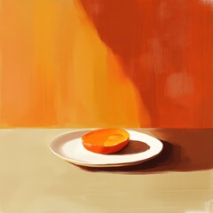 Poster - A bright orange fruit rests on a plain white porcelain plate
