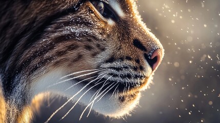 Aufkleber - Close-up profile of a lynx's face, covered in snow, backlit by sunlight.