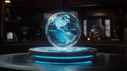 Poster - A holographic presentation showing business communication statistics and global outreach.