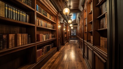 Poster - Classic library interior with wooden bookshelves, antique books, and warm lighting.