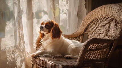 Poster - Cavalier King Charles Spaniel dog resting on wicker chair by sunlit window.
