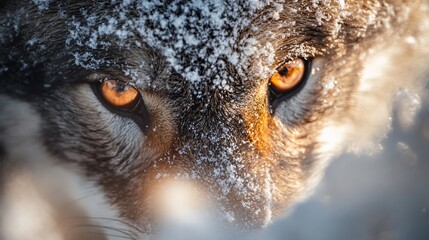 Aufkleber - Close-up of a wolf's intense amber eyes, partially obscured by snow. (1)