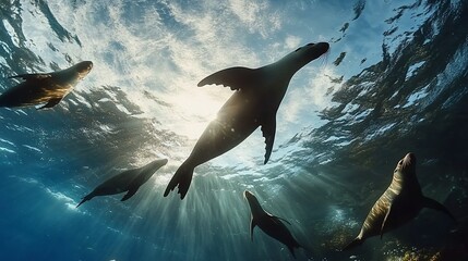 Aufkleber - Underwater silhouette of sea lions swimming towards sunlight.