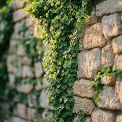 Poster - Lush Green Ivy Cascading Down a Textured Stone Wall in Warm Sunlight Creating a Natural and Serene Ambiance