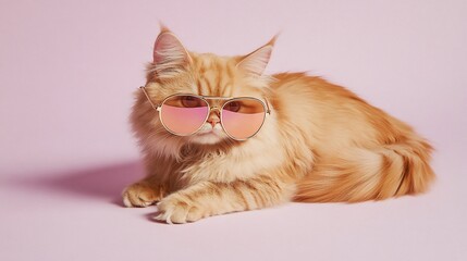 Poster - Fluffy ginger cat wearing pink aviator sunglasses on a pink background.