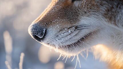 Aufkleber - Close-up of a wolf's frosted muzzle in winter sunlight.
