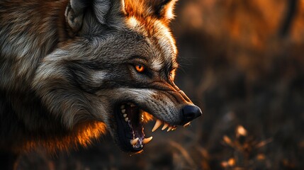 Poster - Close-up of a snarling wolf at sunset, its fur illuminated by warm light.