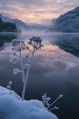 Wall Mural - snow-covered plant near lake