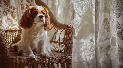 Poster - Cavalier King Charles Spaniel dog sitting on wicker chair near sheer curtains in sunlit room.