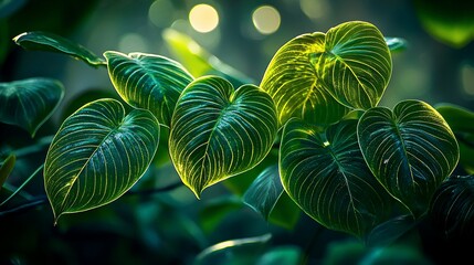 Leinwandbilder - Lush green leaves with striking veining, illuminated by soft sunlight.