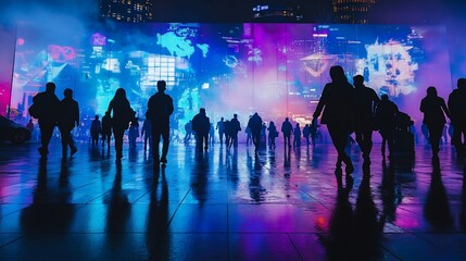 Poster - Silhouetted figures walking at night past a large vibrant digital display.