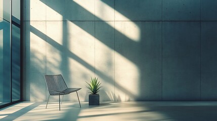 Poster - Minimalist interior design sunlight streams through a large window illuminating a metal chair and potted plant against a concrete wall.