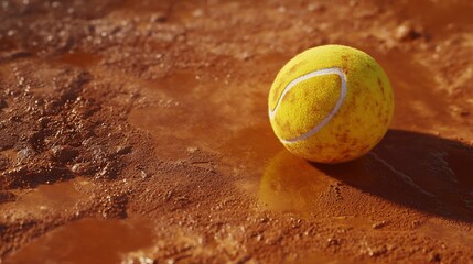Aufkleber - Wet tennis ball on clay court, sunlight.