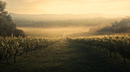 Poster - Misty sunrise over vineyard rows in valley.