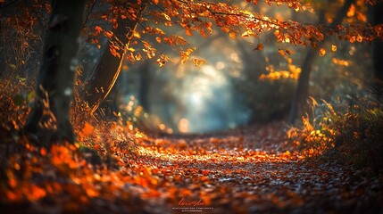 Aufkleber - Sunlit autumn path through forest with red leaves.