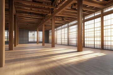 Poster - Sunlit spacious warehouse interior with wooden beams, columns, and flooring, large windows.