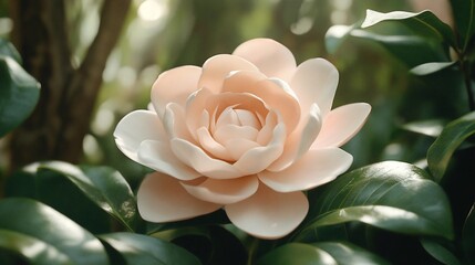 Poster - Close-up of a delicate peach-colored camellia blossom with lush green foliage in soft sunlight.