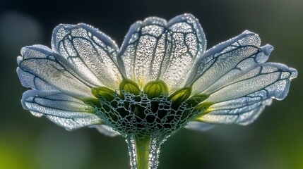 Aufkleber - Close-up of a dew-covered flower, showcasing intricate details of petals and stem.