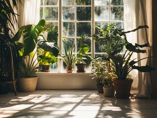 Poster - Sunlit room with various potted plants by a large window.