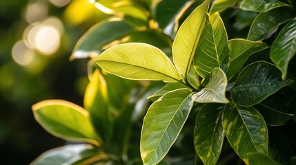 Poster - Close-up of vibrant green leaves illuminated by sunlight, showcasing intricate details and textures.