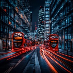 Poster - Night city street scene with red double-decker buses and light trails.
