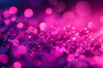 Poster - Abstract pink and purple bokeh background with water droplets on fiber optic strands.