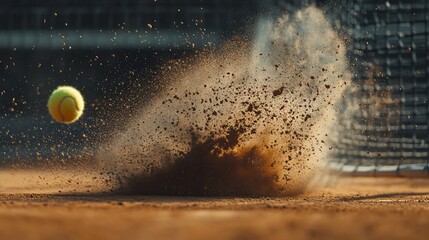 Poster - Tennis ball impacting clay court, creating a dust cloud.