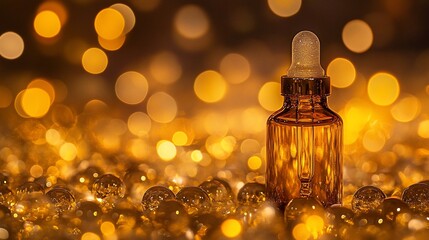 Aufkleber - Amber glass dropper bottle on golden bokeh background.