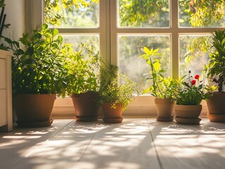 Aufkleber - Sunlit indoor plants in terracotta pots on a white wooden floor by a window.