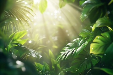 Aufkleber - Sunbeams illuminate lush green tropical rainforest foliage with dew drops.