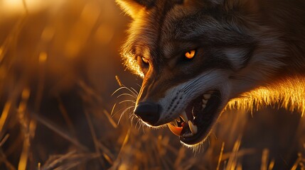 Aufkleber - Close-up of a coyote's snarling face, illuminated by golden sunset light.