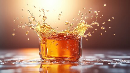 Poster - Golden liquid splash in glass cup against warm background captures fluid motion with dynamic energy and visual appeal for stock photo platforms