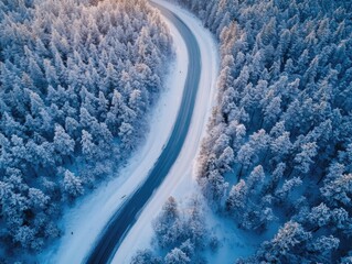 Wall Mural - Snowy forest road aerial view