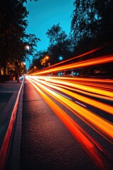 Poster - Dynamic urban scene capturing vibrant car light trails on city street at night with trees and streetlights in background