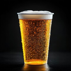 Poster - Refreshing cold beer in plastic cup with condensation drops on dark background studio shot close up view
